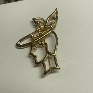 Lady Remington Signed LR - Brooch Pin Gold Tone - Lady / Woman In A Hat